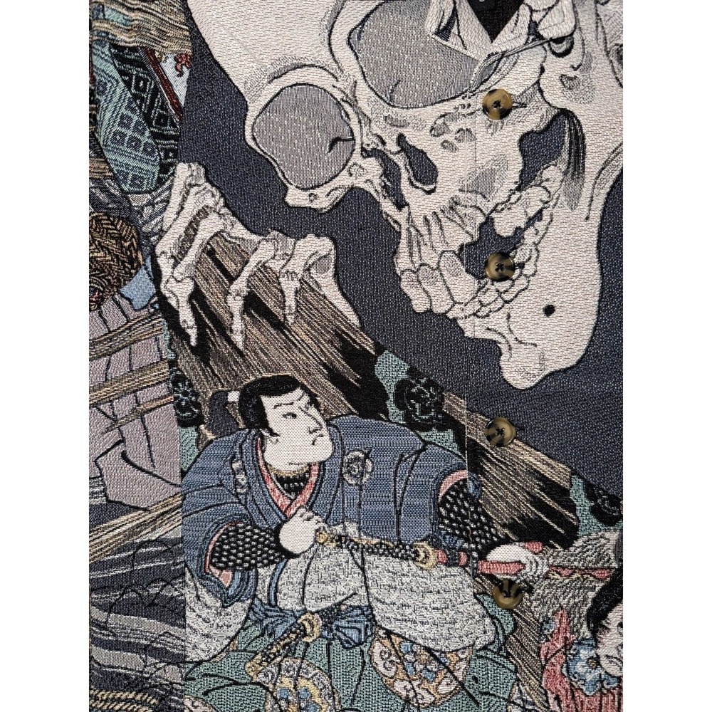 Rebel Vengeance Japanese Tapestry Samurai Skull Print button down Jacket mens L - Picture 7 of 10